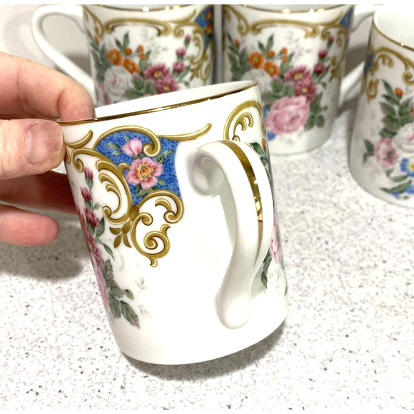 Vintage Andrea By Sadek Mugs Set of 4 Victorian Floral Pink & White Ceramic - Picture 7 of 10